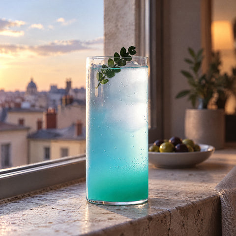 Verre long drink Aplomb, boisson glacée en dégradé bleu et blanc, brin vert au bord, olives et toits de la ville