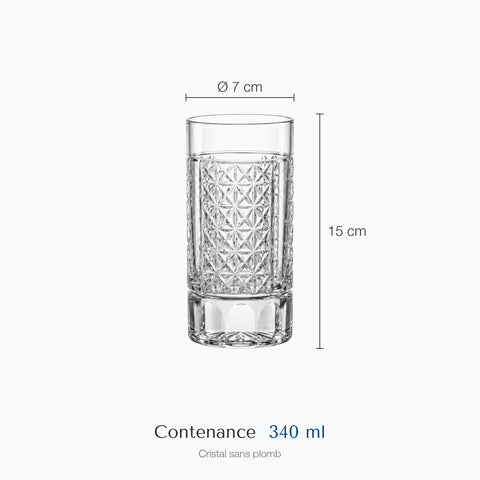 Dimensions : Verre Long Drink Whisky (hauteur 15 cm, diamètre 7 cm, contenance 340 ml)