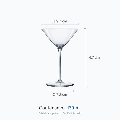 Cotes du verre martini cristal Diapason : hauteur 14,7 cm, diamètre 9,7 cm en haut et 7,2 cm à la base, contenance 13 cl