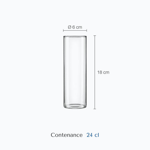 Dimensions : Verre Mojito (hauteur 18 cm, diamètre 6 cm, contenance 24 cl)