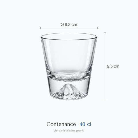 Dimensions : Verre Montagne · Cime (hauteur 9,5 cm, diamètre 9,2 cm, contenance 40 cl)