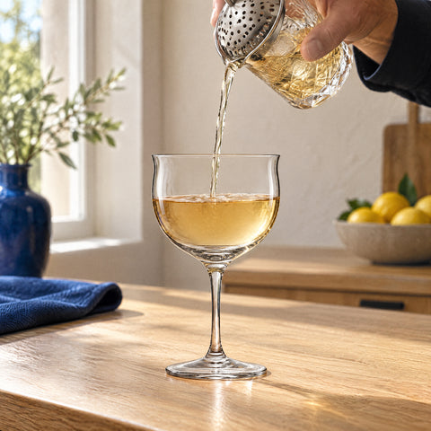 Main versant au verre à mélange et à la passoire un cocktail doré pâle dans le verre Nick and Nora Ourlet, îlot en chêne