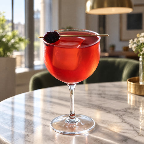 Cocktail rouge, gros glaçon et cerise sur pique en bambou dans le verre Nick and Nora Ourlet, table en marbre blanc
