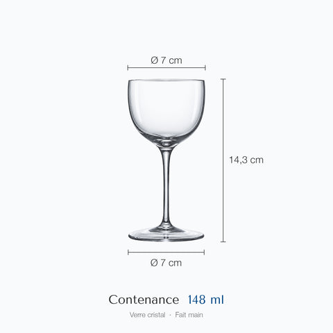 Cotes du verre Nick and Nora Charleston : hauteur 14,3 cm, diamètre 7 cm en haut et 7 cm à la base, contenance 14,8 cl
