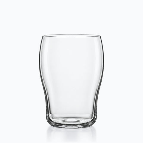 Verre nonic transparent soufflé à la bouche, paroi galbée et base épaisse, fond clair