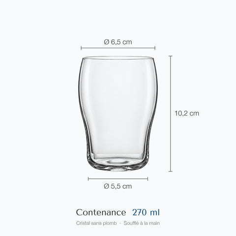 Dimensions du verre nonic Cambrure : hauteur 10,2 cm, diamètre 6,5 cm en haut et 5,5 cm à la base, contenance 27 cl
