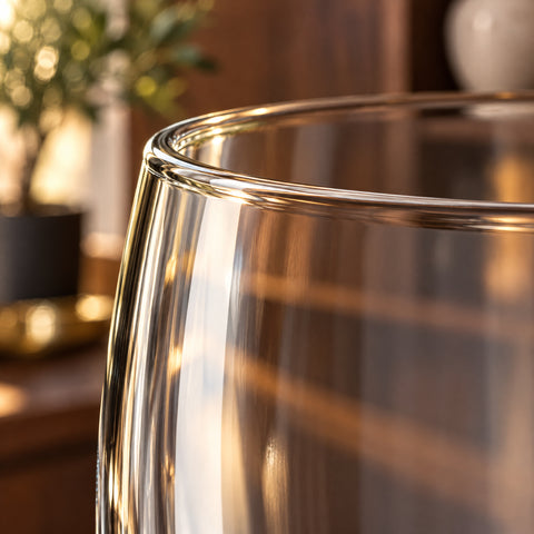 Gros plan du buvant fin du verre nonic Cambrure devant une fenêtre, paroi lisse et mousse beige pâle à l'intérieur