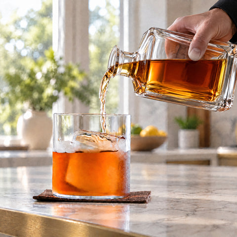 Carafe en cristal versant du whisky dans le verre old fashioned Semplice embué à gros glaçon, dessous de verre en tissu