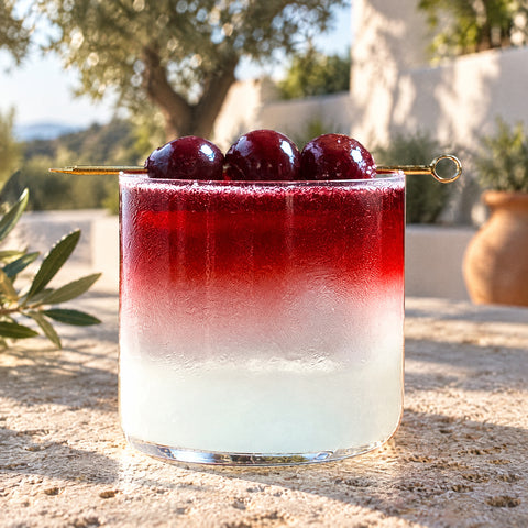 Cocktail blanc et rouge étagé dans le verre old fashioned Semplice embué, cerises sur une pique, terrasse aux oliviers