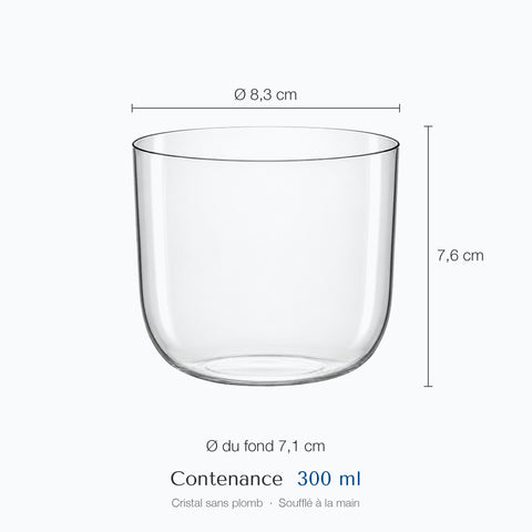 Verre à whisky Conque et ses cotes : hauteur 7,6 cm, diamètre 8,3 cm en haut et 7,1 cm à la base, contenance 30 cl