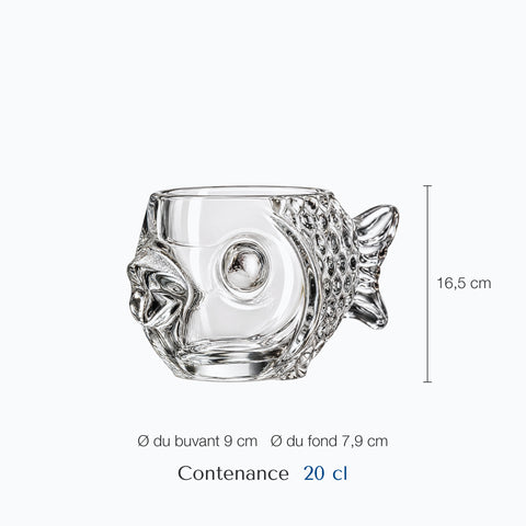 Dimensions : Verre Poisson (hauteur 16,5 cm, diamètre 9 cm, contenance 20 cl)