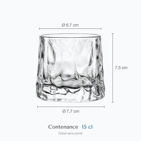 Dimensions : Verre à Whisky Toupie (hauteur 7,5 cm, diamètre 6,7 cm, contenance 15 cl)