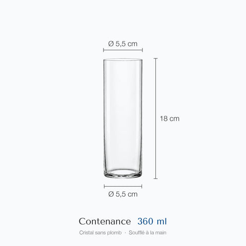 Cotes du verre tube Calame : hauteur 18 cm, diamètre 5,5 cm en haut et à la base, contenance 36 cl
