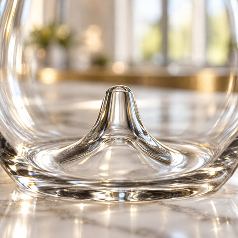 Gros plan sur l'ergot conique en verre plein au centre du fond du verre tulipe Pontil, posé sur du marbre, fenêtres floues derrière