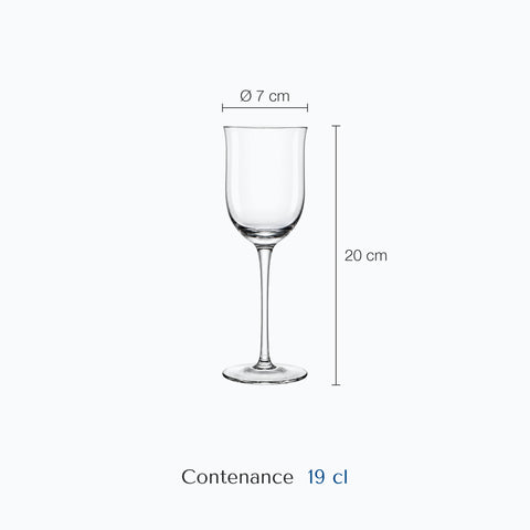 Dimensions : Verre Tulipe Cocktail (hauteur 20 cm, diamètre 7 cm, contenance 19 cl)