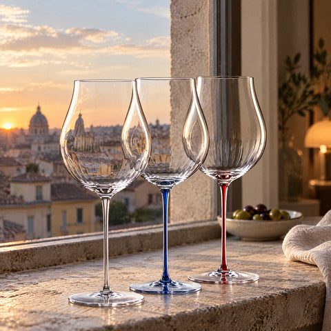 Trois verres à vin Vibrato à tiges incolore, bleue et rouge sur une table en bois, toits de la ville en arrière-plan