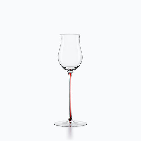 Verre tulipe de dégustation en cristal, calice incolore sur longue tige colorée effilée