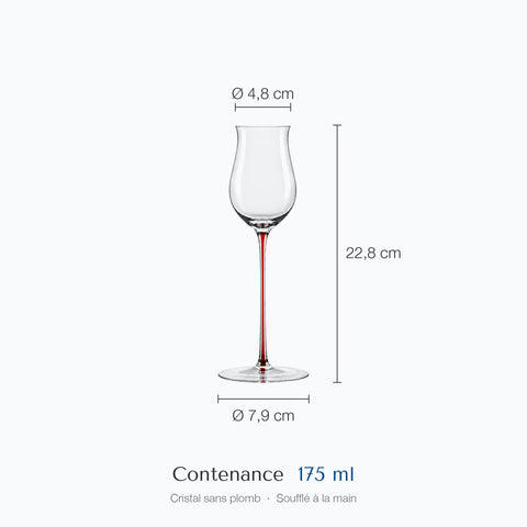 Verre tulipe de dégustation Pistil coté : hauteur 22,8 cm, diamètre du haut 4,8 cm, de la base 7,9 cm, contenance 17,5 cl