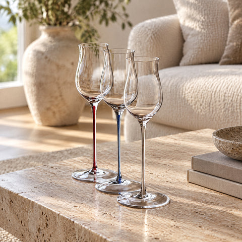 Trois verres tulipe de dégustation Pistil en quinconce, tiges rouge, bleue et incolore, canapé crème et vase en céramique
