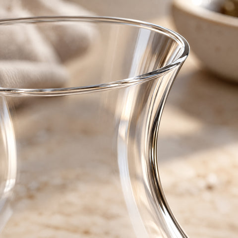 Buvant évasé et col resserré du verre tulipe digestif Quenouille en gros plan, linge beige et bol clair flous derrière