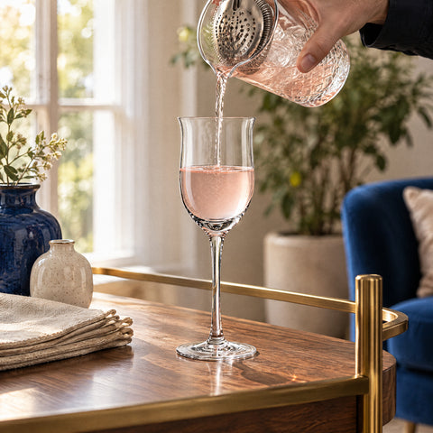 Main versant un cocktail rose pâle à la passoire julep dans le verre à cocktail Muguet, sur une desserte en laiton et noyer