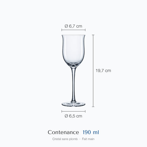 Verre à cocktail Muguet sur fond blanc avec ses cotes : 19,7 cm de haut, 6,7 cm au buvant, 6,5 cm à la base, 19 cl