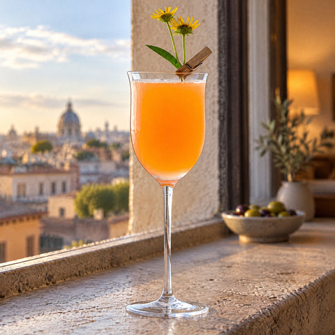 Verre à cocktail Muguet rempli d'un cocktail orange, marguerite jaune au buvant, rebord de fenêtre en pierre face aux toits
