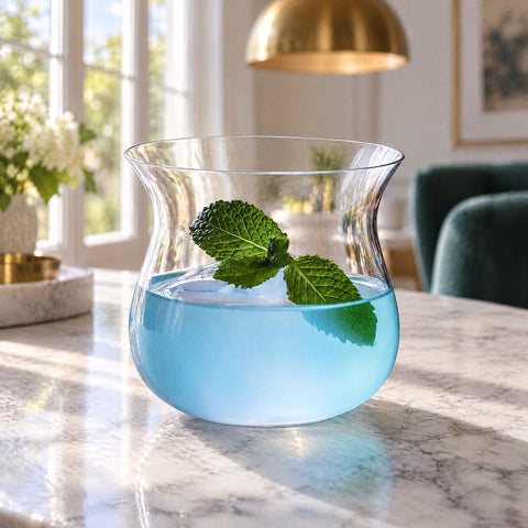 Verre tulipe sans pied Géode avec cocktail turquoise pâle, sphère de glace et feuilles de menthe, suspension en laiton