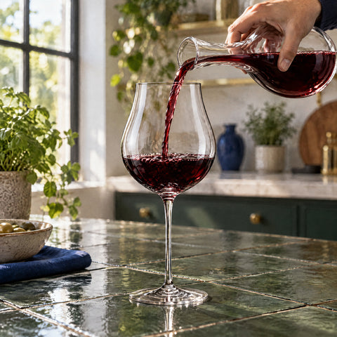 Main inclinant une carafe en cristal pour verser un rouge rubis dans le verre à vin Choral posé sur le comptoir