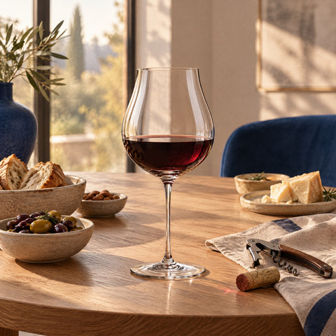 Verre à vin Choral rempli au tiers de rouge rubis, limonadier ouvert et bouchon usagé sur le lin à son pied