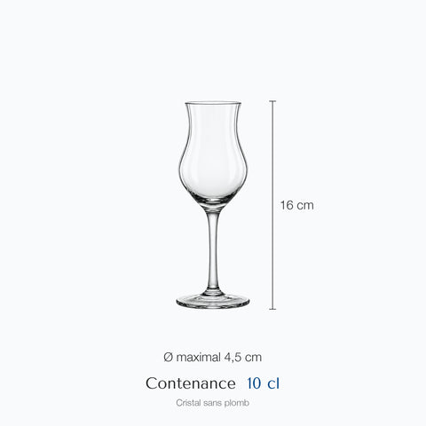 Dimensions : Verre Tulipe Whisky Gravé (hauteur 16 cm, diamètre 4,5 cm, contenance 10 cl)