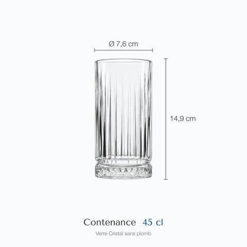 Dimensions : Verre Tumbler Mojito · Cannelé (hauteur 14,9 cm, diamètre 7,6 cm, contenance 45 cl)