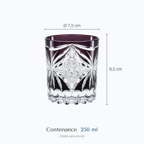 Dimensions : Verre Whisky Art Deco (hauteur 8,5 cm, diamètre 7,5 cm, contenance 250 ml)