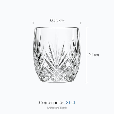 Dimensions : Verre à Whisky Fond Rond · Caillou (hauteur 9,4 cm, diamètre 8,5 cm, contenance 31 cl)