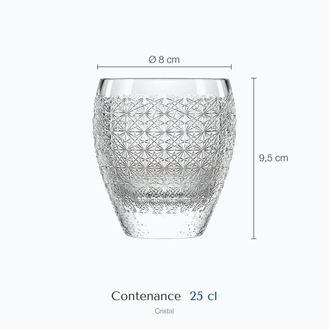Dimensions : Verre à Whisky Gravé Ciselé Edo Kiriko (hauteur 9,5 cm, diamètre 8 cm, contenance 25 cl)