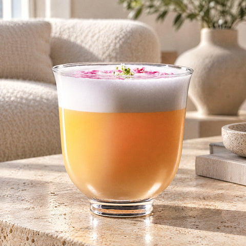 Verre à whisky Collerette rempli d'un cocktail ambré, mousse blanche et pétales roses, canapé bouclette crème en fond