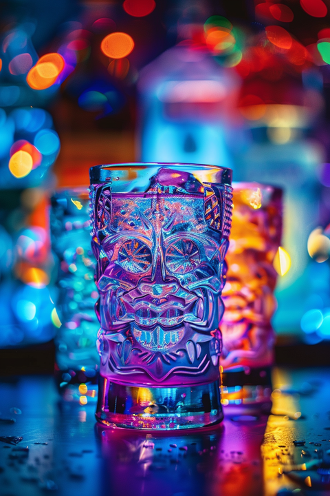 verres à cocktail tiki transparents dans un bar luxueux et sombre, les cocktails doivent être colorés