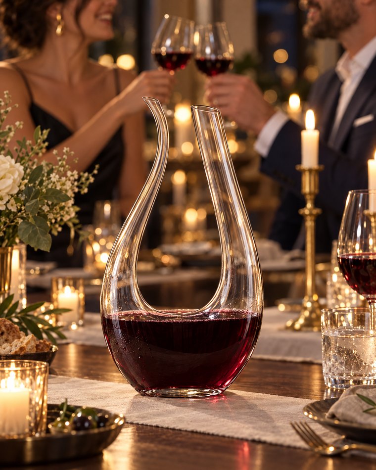 La carafe à décanter L'Élégance remplie de vin rouge, des invités trinquent à la bougie